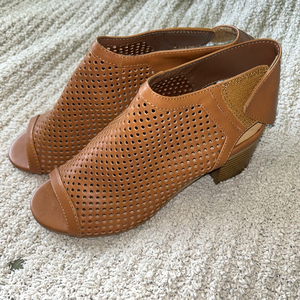 Tan Perforated Ankle Booties with Chunky Heel